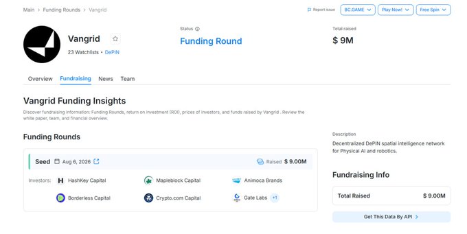 A webpage on RootData displays Vangrid's funding round details, showing $9M total raised in a Seed round on Aug 6, 2026 from investors including HashKey Capital, Mapleblock Capital, Animoca Brands, Borderless Capital, Crypto.com Capital, and Gate Labs.