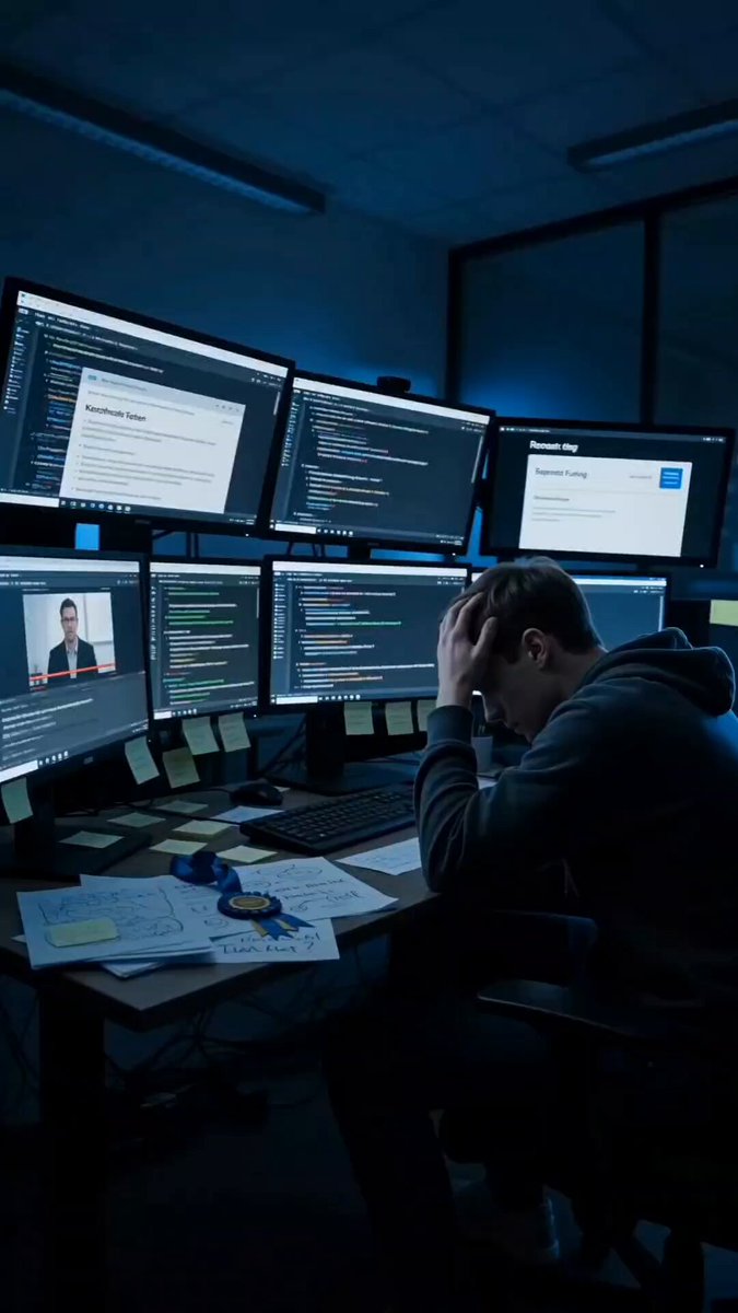 The image shows a man sitting at a desk with multiple computer monitors in front of him. He appears to be working or studying, as he has his head down and hands over his eyes. The room seems to have a dark atmosphere, which could suggest that it is a workspace or study area. There are also several sticky notes scattered around the room, possibly for reminders or ideas.