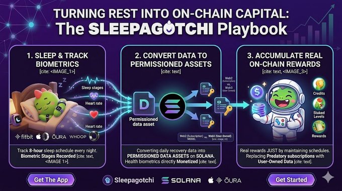 The image features a poster or banner that promotes the idea of turning sleep tracking into capital by using blockchain technology, specifically the @sleepagotchi platform. The poster highlights the benefits of this approach, such as direct monetization of health biometrics through solana and the elimination of predatory web2 subscription models. It also includes three different scenarios to demonstrate how this can be achieved: turning rest into on-chain capital, turning sleep tracking into actual chain capital, and turning sleep tracking into real capital. The image is accompanied by a caption that explains the concept behind the poster or banner in simple terms.