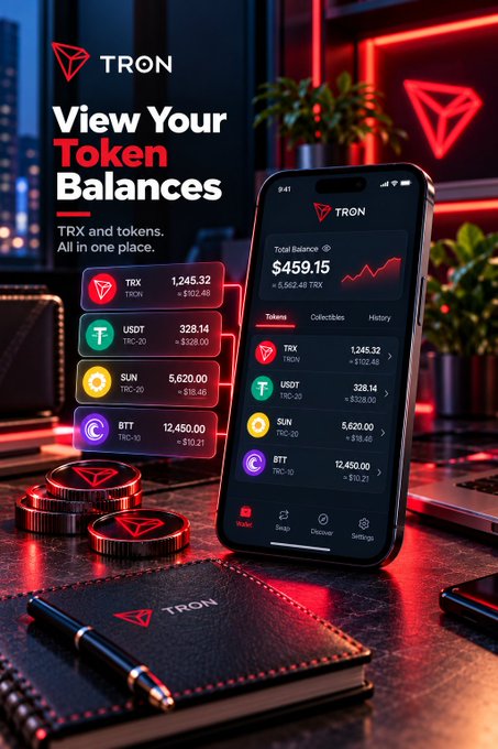 TRON token-wallet advertisement showing a phone and token balances, with visible labels including “View Your Token Balances,” “TRX,” “USDT,” “SUN,” and “BTT.”
