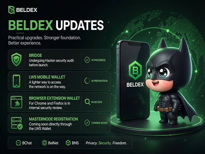 Dark-themed infographic titled "BELDEX UPDATES" outlining upgrades including "BRIDGE" (In Progress), "LWS MOBILE WALLET" (In Preparation), "BROWSER EXTENSION WALLET" (In Review), and "MASTERNODE REGISTRATION" (Coming Soon), alongside a chibi Batman-style mascot with a "B" logo smartphone.