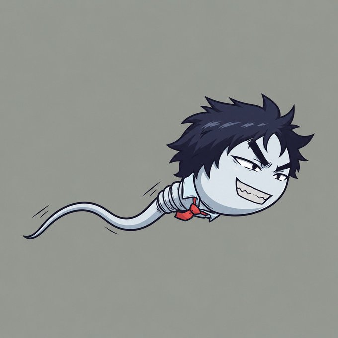 A cartoonish, stylized character with spiky black hair, sharp teeth, and a long tail-like body dashes across the image, wearing a white shirt and red tie. The mischievous, energetic figure matches the post's playful tone, presenting itself as the "personality" or mascot behind the account.