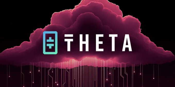 A stylized logo for 'THETA' displayed against a pink and magenta cloud graphic with circuit-like lines extending downward.