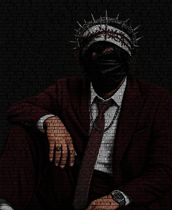 Dark stylized digital artwork of a masked figure in a crown of thorns wearing a maroon suit and tie, with text overlay covering the background.