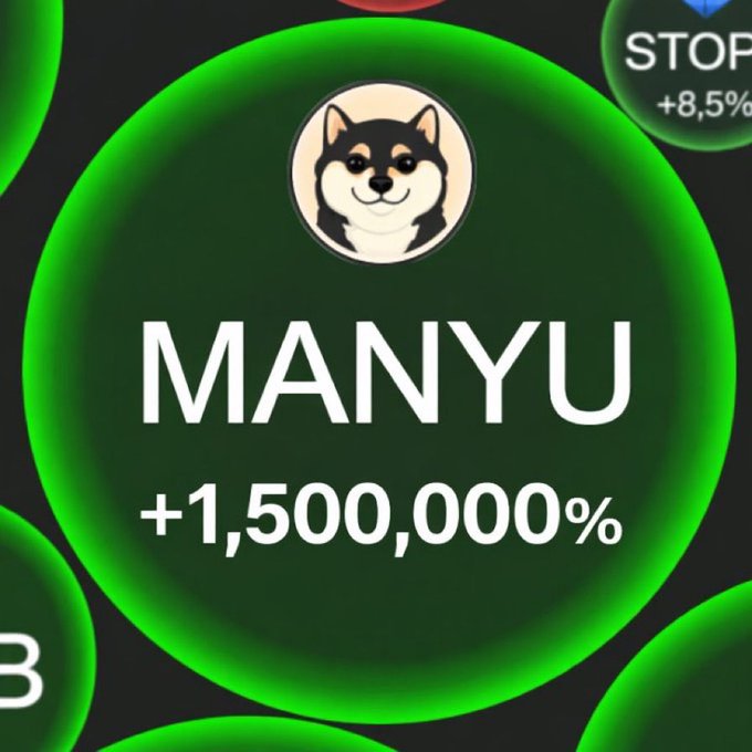 A glowing green circular badge features a Shiba Inu dog logo with the text "MANYU" and an exaggerated "+1,500,000%" gain displayed in bold white letters, suggesting a hyped meme coin rally that aligns with the post's anticipation of an incoming "MANYU wave." Partial views of other tokens like "STOP" (+8.5%) appear around the edges, reinforcing the speculative crypto market theme.