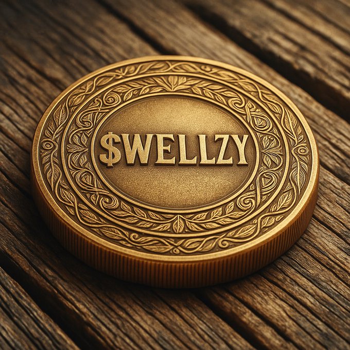 A gold coin with ornate decorative borders rests on a wooden surface, engraved with the text '$WELLZY'.