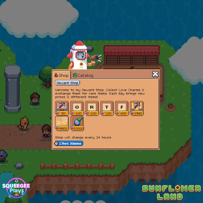 A screenshot from "Sunflower Land" game showing a Reward Shop interface with letter rewards (O, R, T, F) priced in currency, with the shop refreshing in 17 hours 39 minutes.