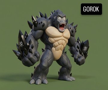 A 3D rendering of a muscular gorilla-like creature covered in dark spikes with star symbols, labeled 'GOROK' in the top right corner.