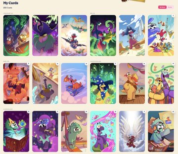 A gallery page titled 'My Cards' showing a collection of colorful cartoon-style NFT cards featuring various characters and scenes.