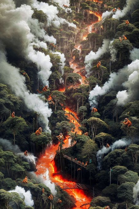 A fantastical digital artwork depicts monkeys navigating a lush jungle environment with a glowing orange river of lava flowing through the center, emitting large plumes of white smoke.