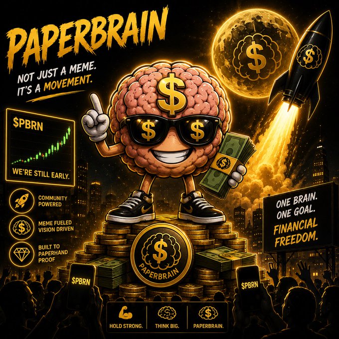 An anthropomorphic brain character wearing dollar-sign sunglasses stands atop stacks of gold coins holding cash, with "PAPERBRAIN - NOT JUST A MEME. IT'S A MOVEMENT" displayed prominently, alongside ticker "$PBRN," a rising price chart labeled "WE'RE STILL EARLY," and slogans like "HOLD STRONG. THINK BIG. PAPERBRAIN." — promotional artwork for the $PBRN meme coin project, matching the post's optimistic, moon-bound sentiment about limitless potential and the associated Solana contract address.