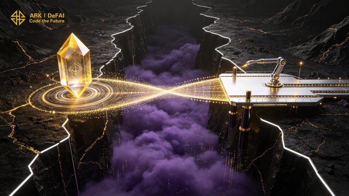 The image showcases the "ARK | DeFAI - Code the Future" branding alongside a striking visual of a golden crystalline monolith on one side of a chasm, with a futuristic platform featuring an AI agent on the other, connected by a glowing data bridge. This visual metaphor powerfully illustrates the post's message about bridging gaps in the AI and blockchain space, symbolizing how Arkie AI App unites AI Agents, real-world execution, and the ARK ecosystem into a single intelligent layer to reach the "bigger side" of future possibilities.