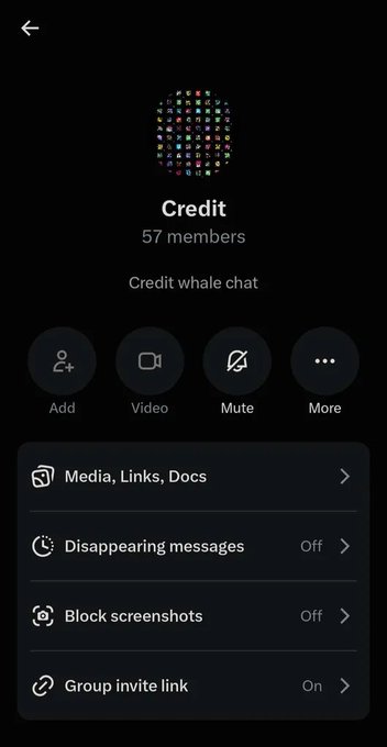 A Telegram group chat interface titled 'Credit' with 57 members labeled 'Credit whale chat,' showing options for media, disappearing messages, and screenshots.