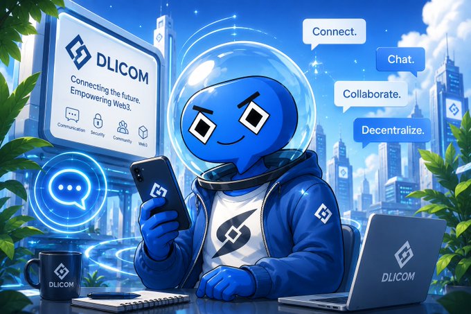 A blue cartoon character wearing a hoodie sits at a desk with a laptop and phone, with a screen displaying 'DLICOM - Connecting the future, Empowering Web3' and speech bubbles reading 'Connect', 'Chat', 'Collaborate', and 'Decentralize'.