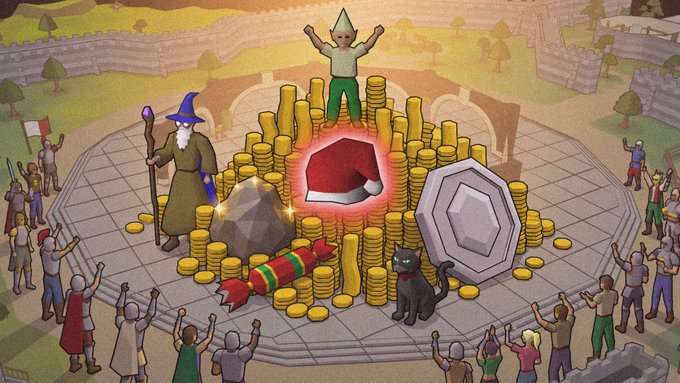 A colorful illustration in the style of Old School RuneScape depicts a wizard standing beside a massive pile of gold coins, a red gem, and a large rock, surrounded by cheering villagers and castle walls.