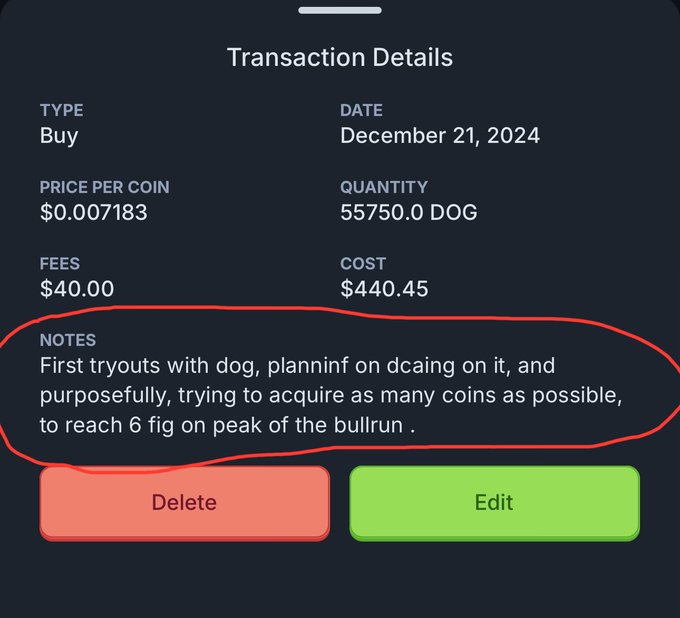 A transaction details screen showing a Buy of 55,750.0 DOG coins at $0.007183 per coin on December 21, 2024, costing $440.45 with $40.00 in fees, with notes circled in red about DCA planning to reach 6 figures.