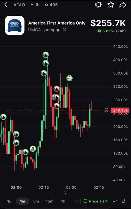 A cryptocurrency price chart for 'America First America Only' (AFAO) on pump.fun showing a price of $255.7K with a 5.86% increase over 24 hours, displaying candlestick patterns on a 1m timeframe.