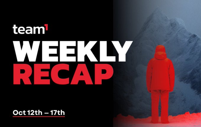 A promotional graphic reads 'team1 WEEKLY RECAP Oct 12th – 17th' alongside an image of a person in a red parka and pants standing before a snowy mountain.