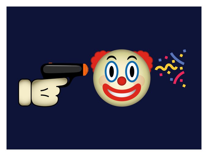 An emoji-style illustration showing a hand pointing a gun at a clown face with party streamers coming out of it, set against a dark blue background.