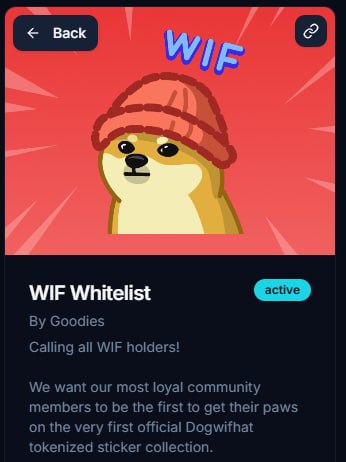 A "WIF" Dogwifhat meme card shows a Shiba Inu wearing a pink beanie, with the title "WIF Whitelist" by Goodies (marked active) announcing a call for community members to join the first official Dogwifhat tokenized sticker collection. The "WIF" branding and the image of the dog with a beanie visually represent the Dogwifhat ($WIF) meme coin, tying into the post's cryptic "hearing things" caption.
