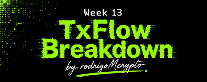 A black banner with neon green pixelated/glitch-style text reading 'Week 13 TxFlow Breakdown by rodrigoMcrypto' with a signature-style flourish.