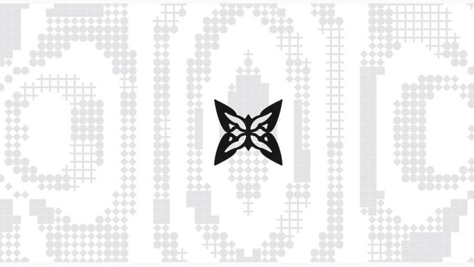 The image features a black and white butterfly graphic with a small diamond shape in the center, surrounded by a grid of circles. The butterfly is positioned at the top right corner of the frame, drawing attention to itself as the main subject. The background consists of a gray color that contrasts with the butterfly's black and white design. The caption below the image reads: "Love that @quipnetwork feels innovative without being overly complicated. Quantum Echoes stands out every NFT mint uses quantum verifiable randomness from real quantum hardware. No predictable generation systems. Just true uniqueness."