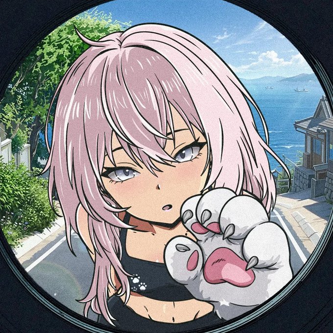 An anime-style illustration framed in a circle, depicting a girl with pink hair holding a fluffy white sheep plushie, with a road, trees, and ocean visible in the background.