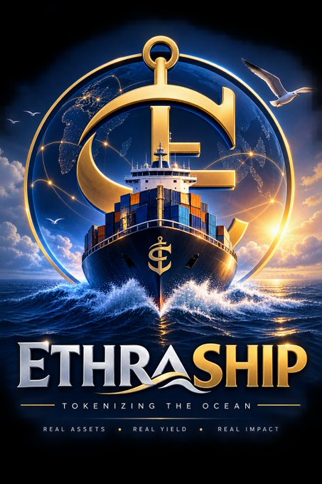 A promotional graphic featuring a large container ship sailing on the ocean with a gold cryptocurrency symbol behind it, titled 'ETHRASHIP' with the tagline 'TOKENIZING THE OCEAN' and 'REAL ASSETS • REAL YIELD • REAL IMPACT'.