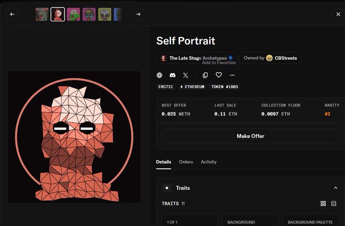 NFT marketplace listing for "Self Portrait" by The Late Stage Archetypes, ERC721 on Ethereum, token #1803, owned by CBStreets, with best offer 0.025 WETH, last sale 0.11 WETH, and rarity #2.