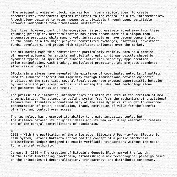 A page of text discussing the contradictions between blockchain's original decentralized promise and its real-world centralization, referencing Bitcoin's 2008 white paper and the 2009 Genesis Block.