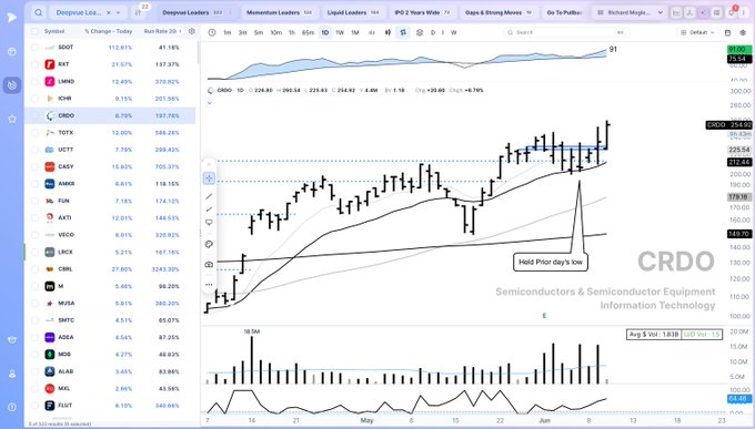 The image features a computer screen displaying a stock chart, where a blue line represents the price of a certain currency over time. The current price shown on the graph is $CRDO, which corresponds with the title of the post. The post refers to "$CRDO held the prior day's low when the $,QQQ was down close to 5%". The chart shows that the $CRDO has been holding a low for the past five days.