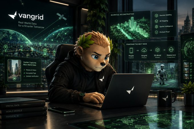 A digital illustration shows an anthropomorphic character with a laurel wreath working at a laptop branded with the "vangrid" logo, surrounded by holographic interfaces advertising 3D spatial reconstruction, quantum labeling, and AI technologies.