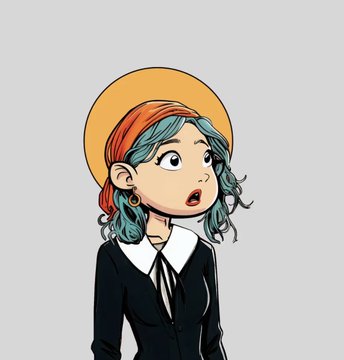 An illustration of a young woman with teal hair, an orange beret, and a black suit with a white collar, looking surprised.