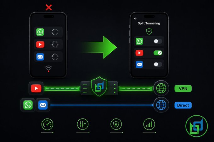 An infographic explaining split tunneling with two smartphone screens showing app toggles, connected by a green arrow, with flow lines indicating 'VPN' and 'Direct' routes for different apps.