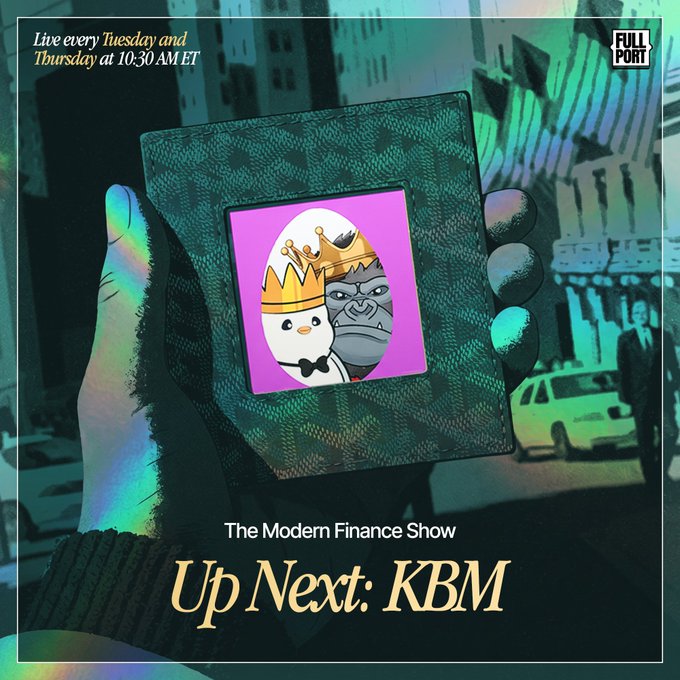 A promotional graphic for "The Modern Finance Show" airing live every Tuesday and Thursday at 10:30 AM ET on Full Port, featuring a hand holding a wallet with a crowned duck and gorilla logo, teasing "Up Next: KBM" (Keyboard Monkey) — matching the post's announcement of the upcoming guest appearance.