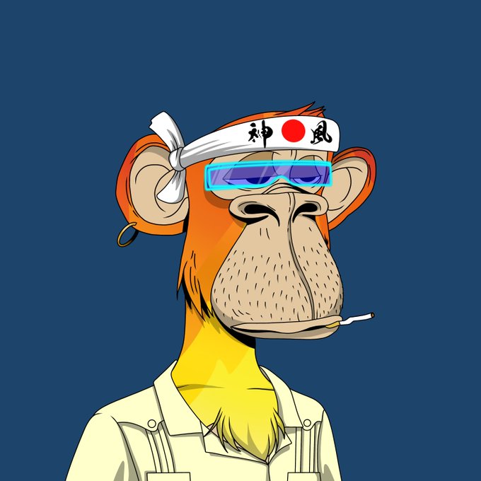 A cartoon illustration of an orange monkey wearing a white headband with Japanese characters '神風' (Kamikaze), blue sunglasses, and a yellow shirt.