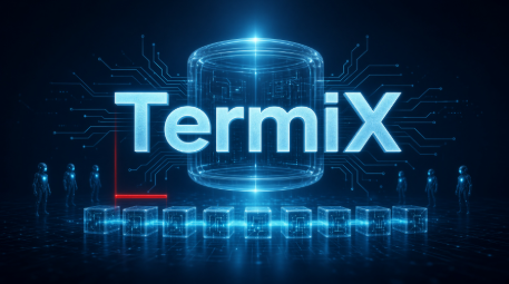 A futuristic digital rendering of the TermiX logo with circuit-like designs and small humanoid figures against a dark blue, tech-inspired background.
