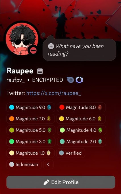 A social media profile page for 'Raupee' (@raufpv_) displays an encrypted status, various 'Magnitude' badges ranging from 1.0 to 9.0, and a Twitter link.