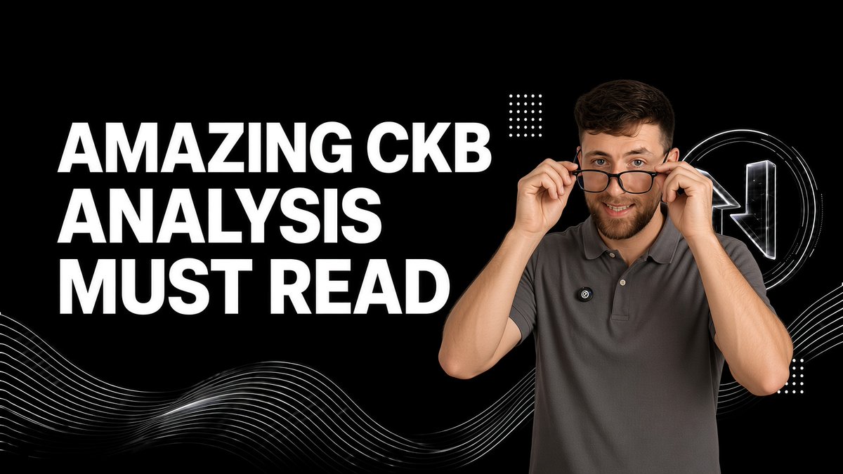A young bearded man in a gray polo shirt smiles while adjusting his glasses, set against a black background with abstract white wave designs. Bold white text on the left reads "AMAZING CKB ANALYSIS MUST READ," promoting a deep-dive review on the $CKB (Nervos Network) cryptocurrency that highlights its technical merits while addressing its commercial challenges.