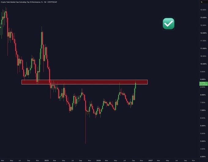 A dark-themed cryptocurrency candlestick chart titled 'Crypto Total Market Cap Excluding Top 10 Dominance, %' with a red highlighted resistance zone and a green checkmark icon.
