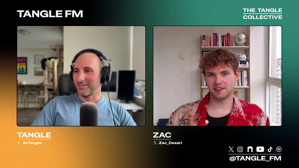 The image features a podcast interview with two men wearing headphones, one of whom has a red shirt on. The background shows a window overlooking an outdoor scene. The podcast hosts are discussing the topic "What happens when a former Binance product leader goes all-in on Hyperliquid?". One man is talking about pre-IPO markets and how HIP-3 is changing finance forever, while the other man is talking about mobile trading on @Dexari.