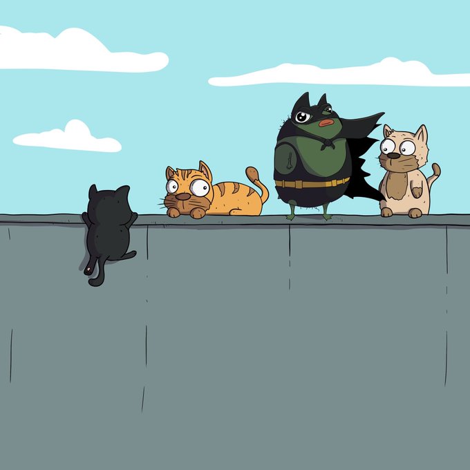 Four cartoon cats sit atop a wall, including one costumed as a superhero, alongside a black kitten climbing up—visually representing a "we are all $Pistacio" meme about unity, with no visible text in the image itself.