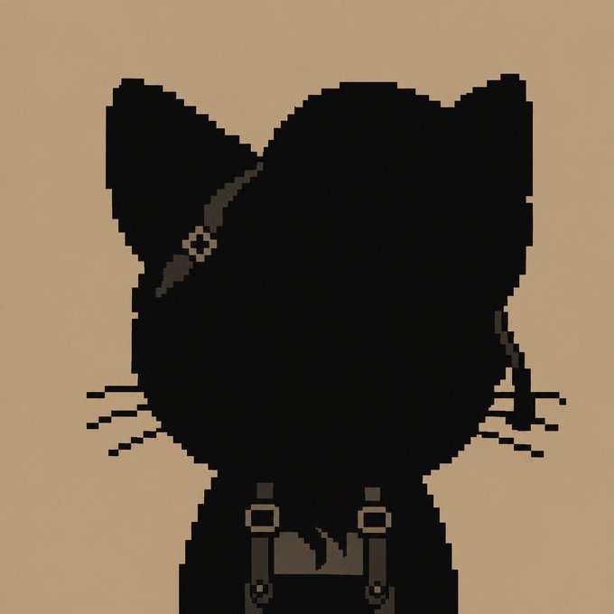 A pixel art silhouette of a black cat wearing an eyepatch and goggles, with no visible text, used to illustrate a post about an upcoming NFT reveal that has been delayed for further preparations.