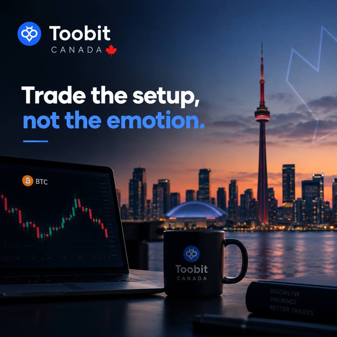 A Toobit Canada advertisement displays the slogan 'Trade the setup, not the emotion.' with a laptop showing a BTC trading chart, a branded mug, and a Toronto skyline at sunset with the CN Tower.