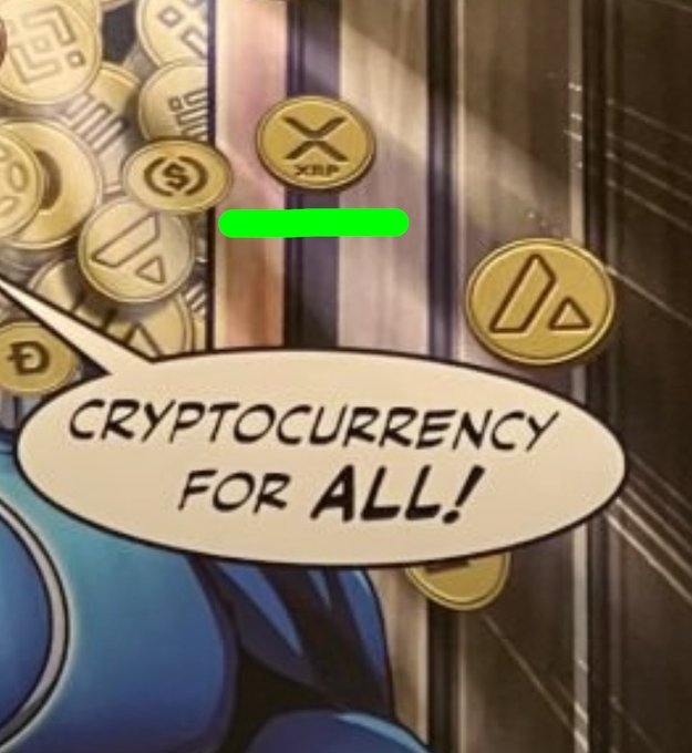 A comic-style image shows various gold cryptocurrency coins (including XRP and AVAX) raining down against a blurred cityscape, with a speech bubble declaring "CRYPTOCURRENCY FOR ALL!"—visually reinforcing the post's observation that despite the multitude of coins available, attention is drawn to the one prominent XRP coin above the rest.