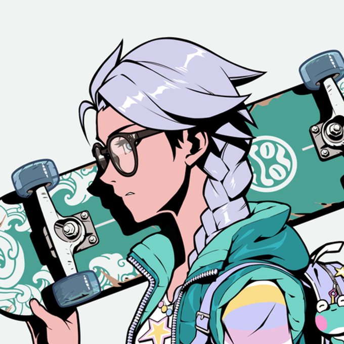 An animated character with light purple braided hair and sunglasses holds a teal skateboard decorated with cloud patterns.