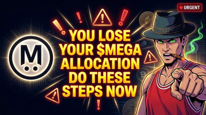 The image features a cartoon man wearing a hat, holding a cigar, and pointing at something in front of him. The background of the image has a dark blue color, and there are several warning signs scattered around the scene. In the center of the image, there is text that reads "you lose your $MEGA allocation allocation do these steps now". This message seems to be related to an advertisement or promotional material for a cryptocurrency called "MEGA" which could potentially be about a new cryptocurrency or a recent development in the crypto world.