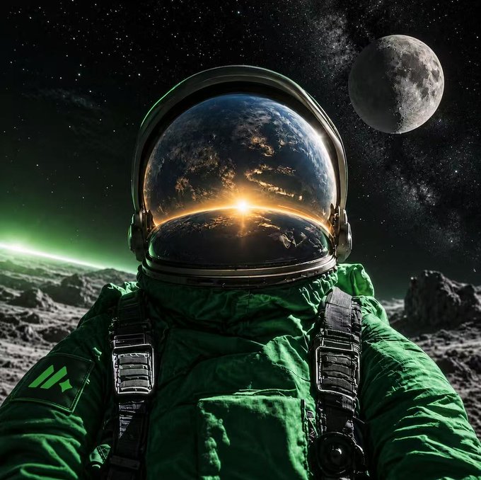 A green-suited astronaut stands on a rocky lunar-like surface beneath a starry sky featuring Earth and the Moon, with the sun's golden glow reflected in their visor—perfectly capturing the adventurous spirit of a "GM! Who's ready for the next mission?" greeting.