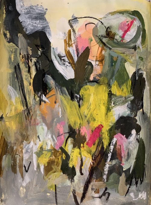 The image shows an abstract expressionist painting titled "Spring Riot," featuring vibrant brushstrokes of yellow, green, pink, and dark tones with a signature "SM" in the bottom right corner, visually capturing the energetic, untamed essence of spring through chaotic, gestural marks.