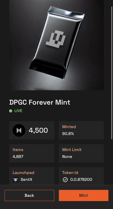 A mobile app screen showing a live NFT mint for 'DPGC Forever Mint' with 4,500 price, 90.8% minted (4,887 items), Launchpad: SentX, and Token Id 0.878200, featuring a black packet with a white pixelated logo.